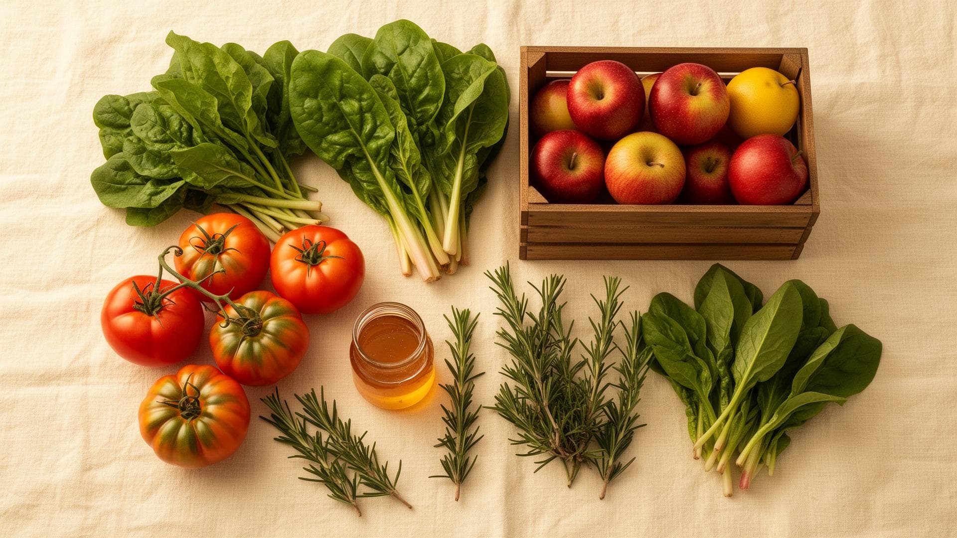 Fresh local produce arranged on a linen background